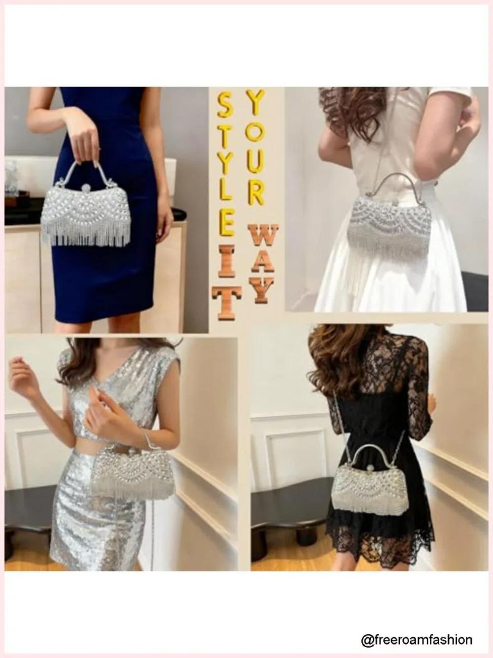 Fringe Rhinestones Clutch Purse with Detachable Chain Strap